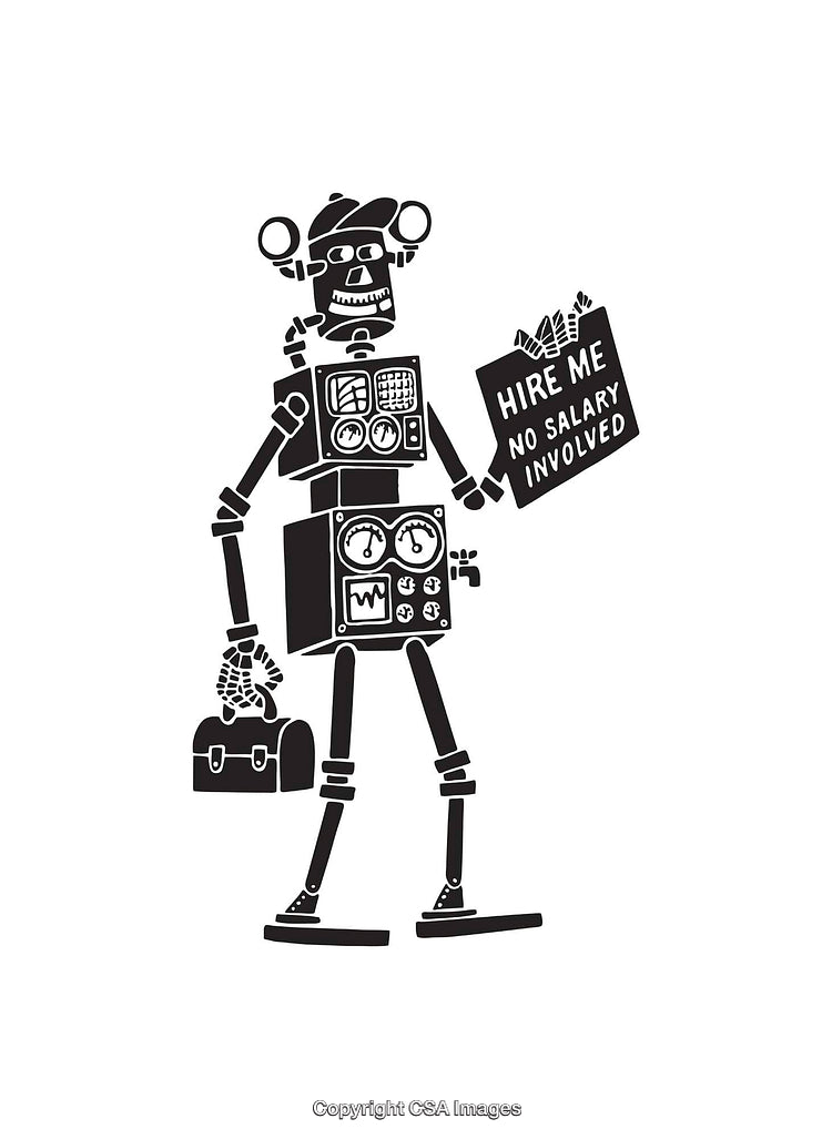 Illustration of a Robot Holding a No Salary Hire Me Sign