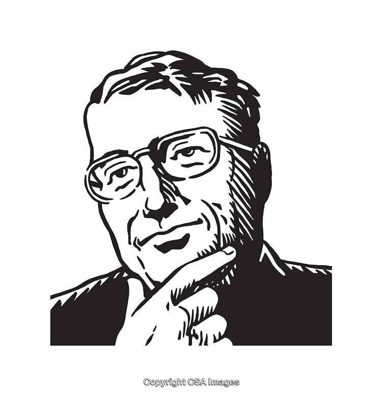 Black and White Line Art of a Thinking Individual with Glasses
