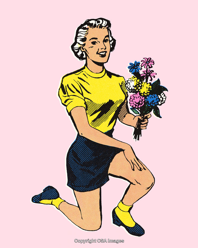 Retro Styled Woman Holding a Bouquet of Flowers in a Cheerful Pose