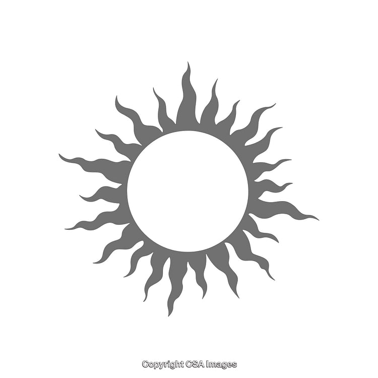 Minimalist Black Sun Icon with Radiating Flames on White Background