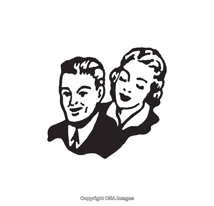 Vintage Black and White Illustration of a Smiling Couple