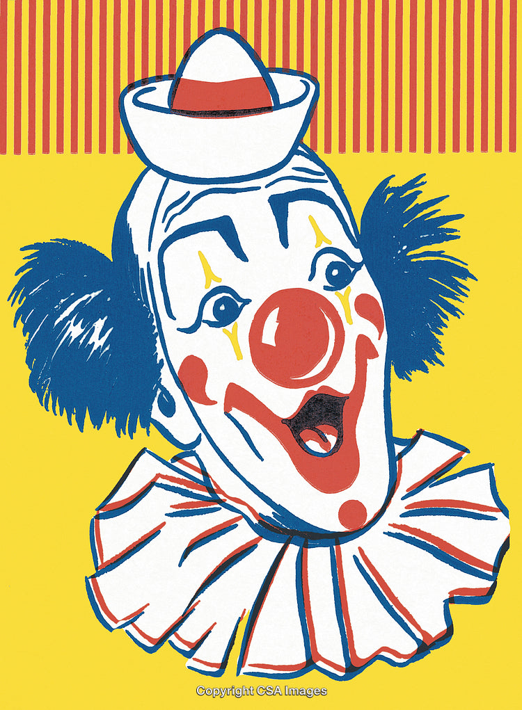 Vintage Clown Illustration with Red and Blue Accents on Yellow Background