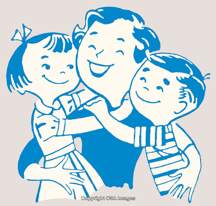 Vintage Styled Illustration of a Smiling Family in Blue and White