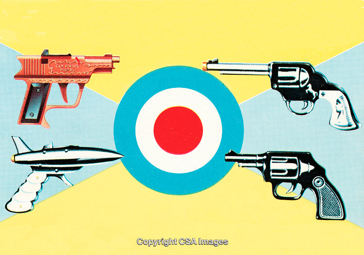 Collection of Various Toy Guns Around a Colorful Target Illustration