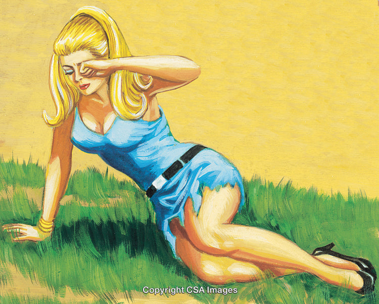 Colorful Illustration of Retro Woman in Blue Dress Resting on Grass