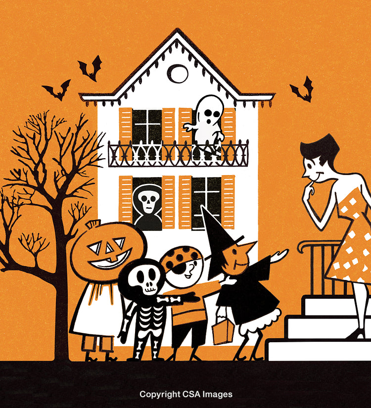 Illustration of Children Trick-or-Treating in Front of a Spooky Haunted House