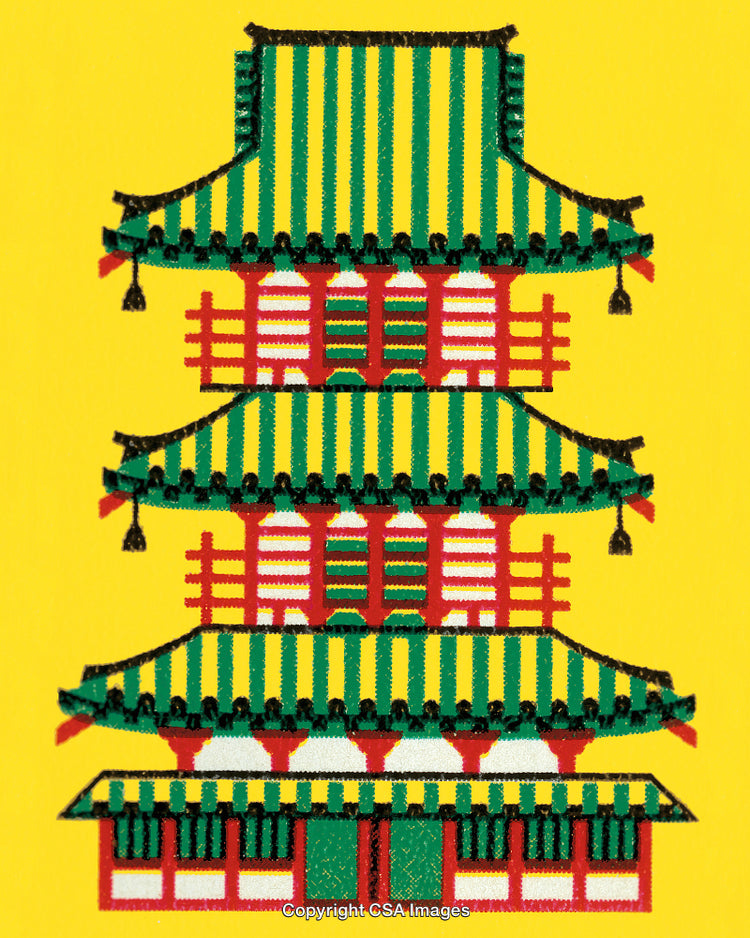 Traditional Pagoda Illustration Featuring Vibrant Colors and Geometric Detailing