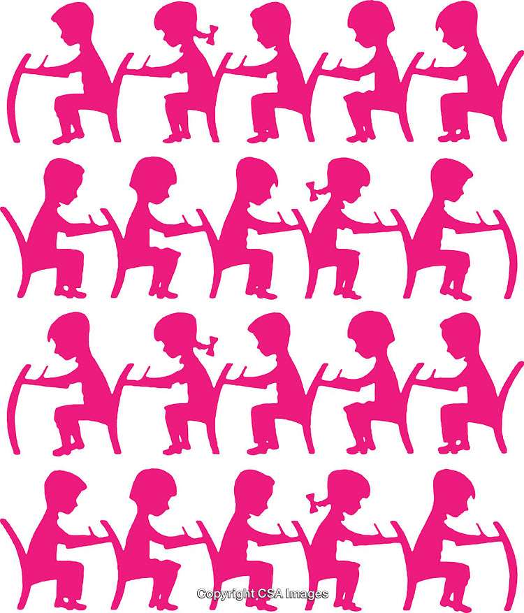 Pattern of Pink Silhouettes of Children Sitting at Desks