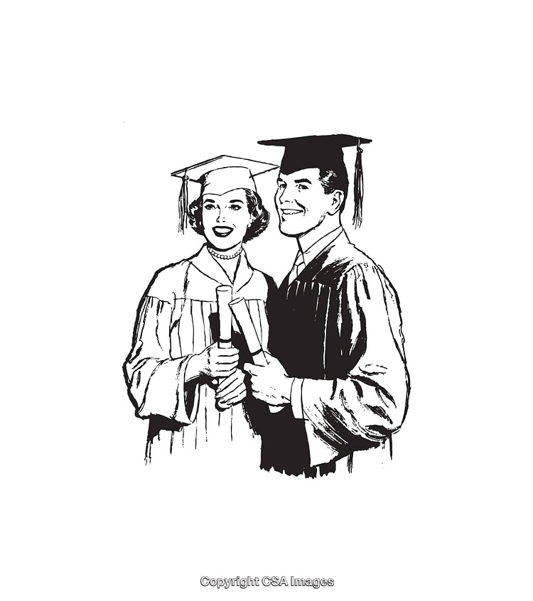 Vintage Line Art of Two Graduates in Academic Gowns and Caps