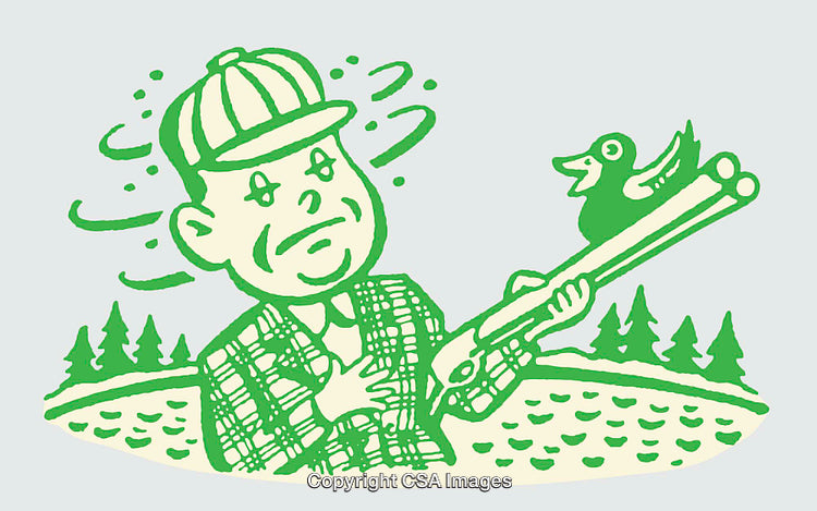 Colorful Line Art of Hunter Surprised by a Perched Bird in Nature
