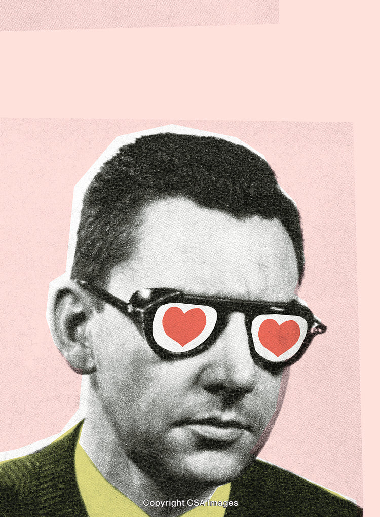 Retro Illustration of Man with Heart Glasses on Pink Background