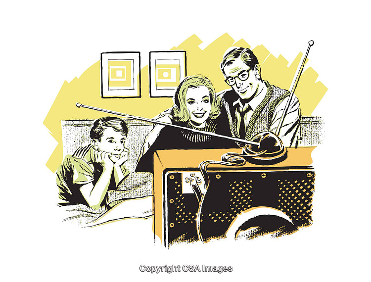 Retro Family Enjoying Classic Television Entertainment Together at Home