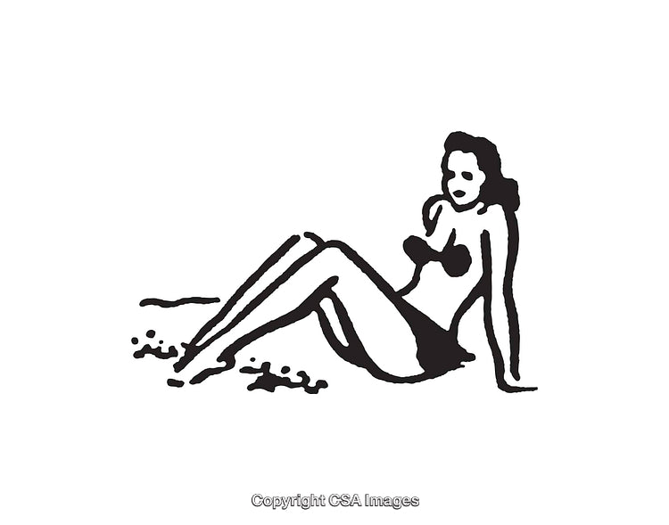 Black and White Line Art Illustration of a Relaxing Woman on a Beach