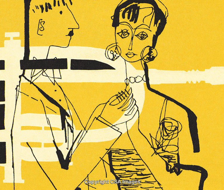 Abstract Minimalist Illustration of Two Figures with Yellow Background and Black Lines