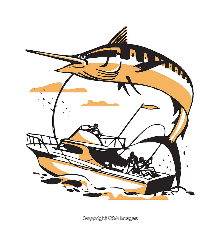 Dynamic Illustration of Fishing Boat and Leaping Marlin in Vibrant Shades