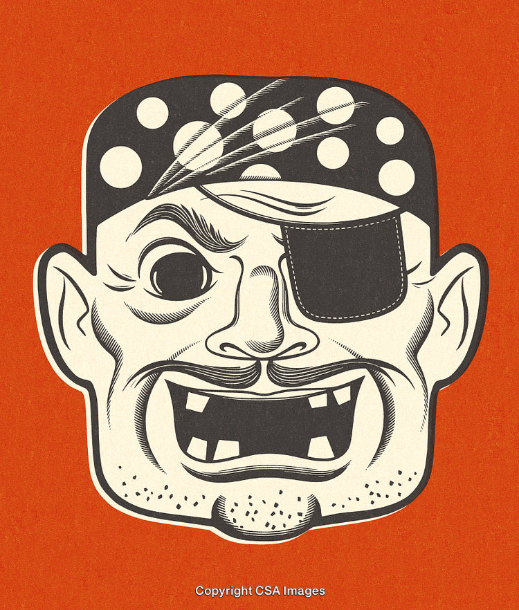 Illustrated Cartoon Pirate Face With Eye Patch and Bandana on Orange Background