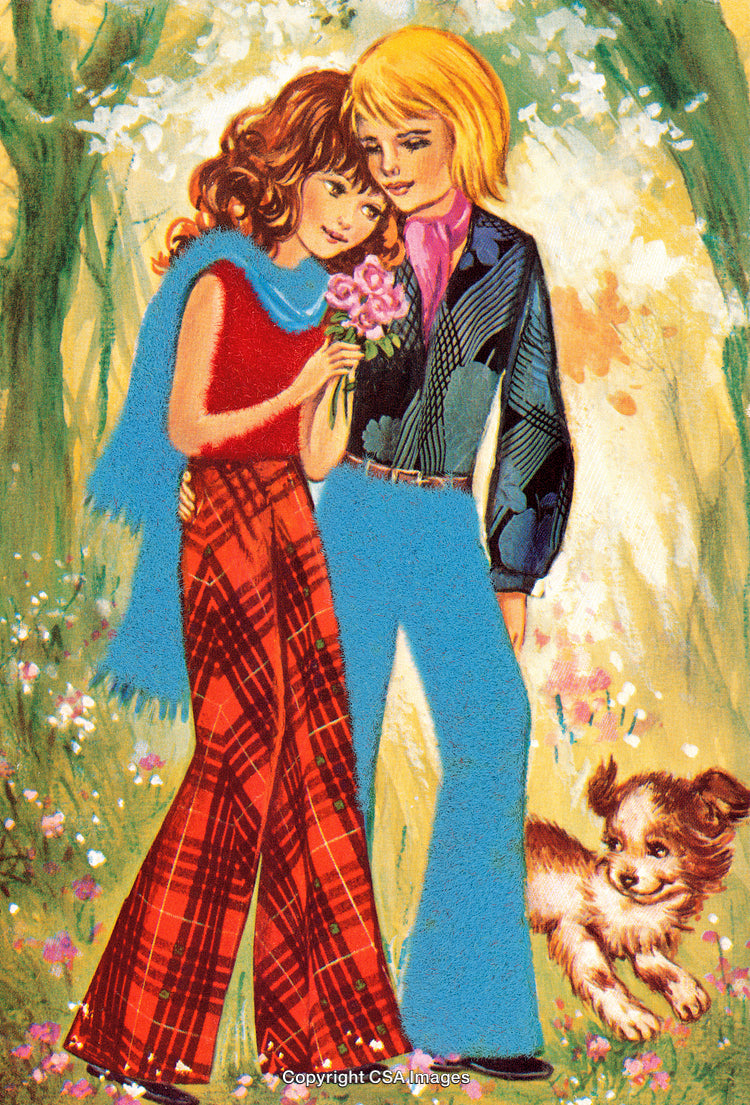 Retro Illustration of Couple Walking in Nature With Flowers and a Dog