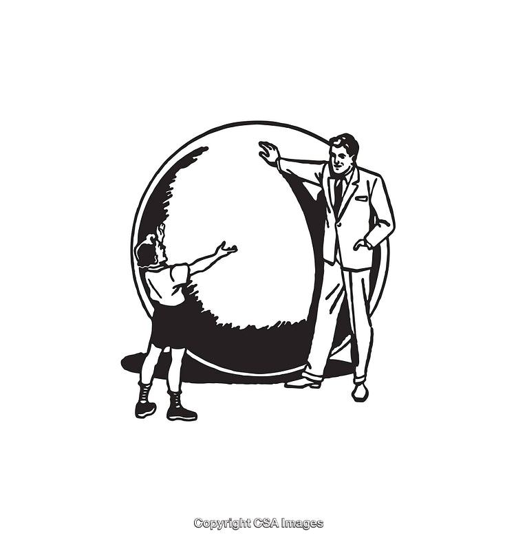 Black and White Illustration of a Man and Child Interacting with a Sphere