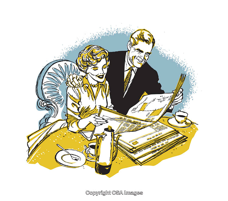 Retro Couple Reading Newspapers Over Breakfast in a Stylish Illustration