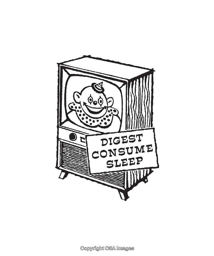 Vintage Television Illustration With a Clown and Satirical Text Message