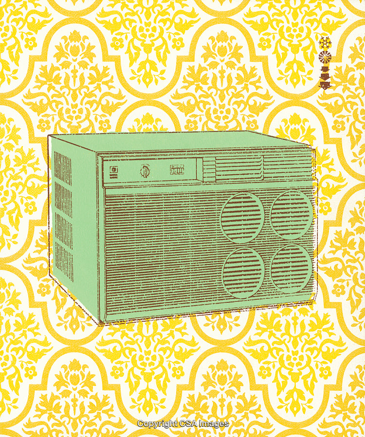 Retro Air Conditioner Illustration on Vibrant Yellow Damask Background