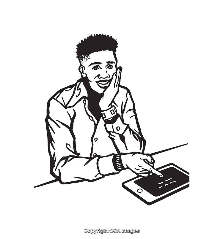 Black And White Line Art of a Smiling Individual Using a Tablet