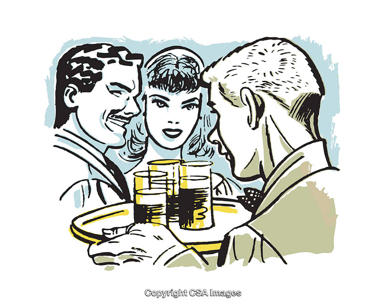 Retro Illustration of Three People Interacting in a Social Setting