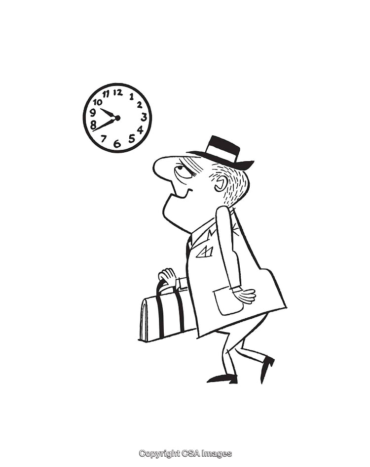 Black and White Illustration of a Businessman Observing the Time on a Wall Clock