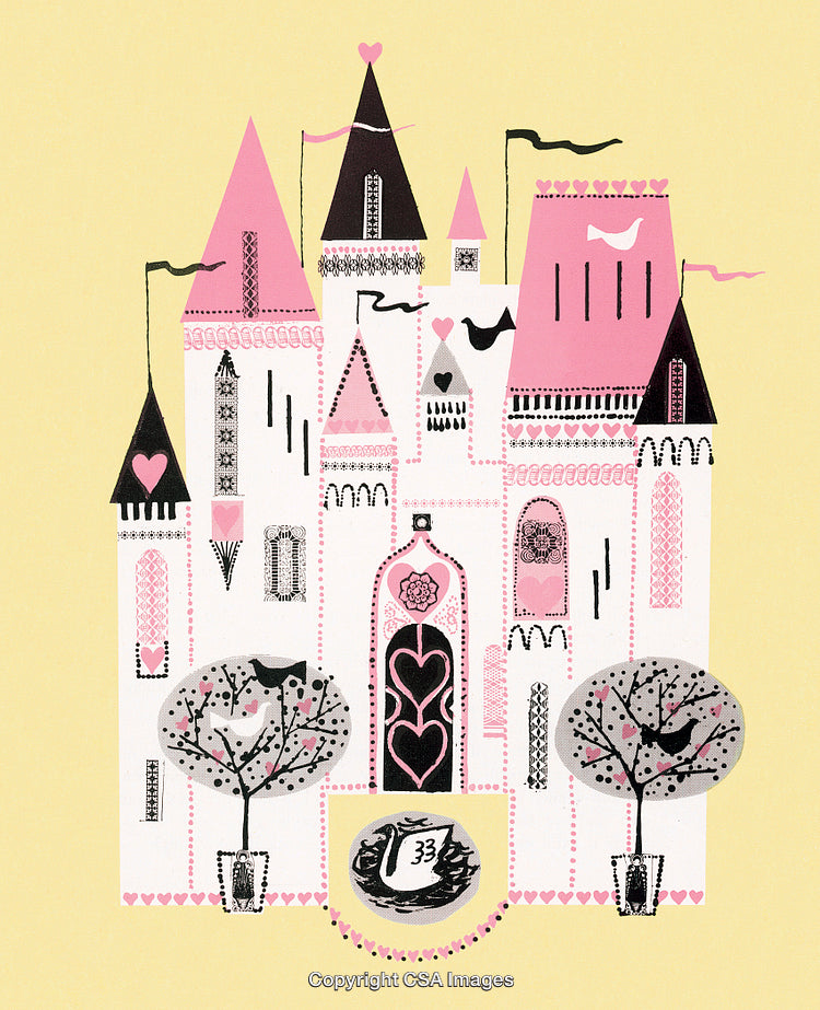 Charming Fairy Tale Castle Design Featuring Pink, Black, and Yellow Highlights