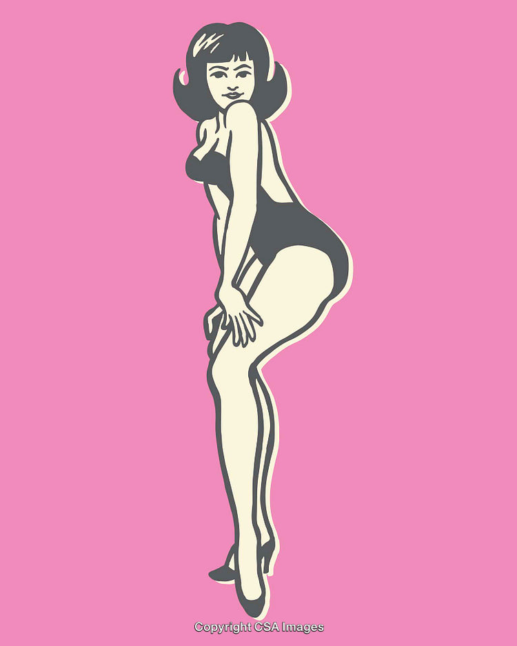 Retro Style Illustration of a Woman in Black Dress on Pink Background