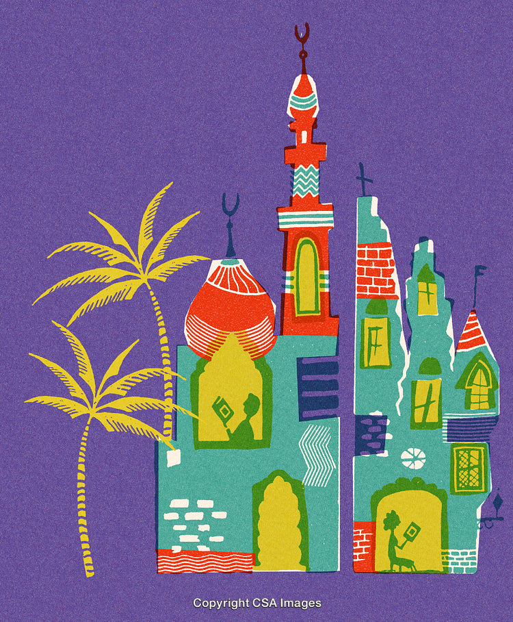Colorful Abstract Cultural Cityscape Artwork with Decorative Palm Trees and Architecture