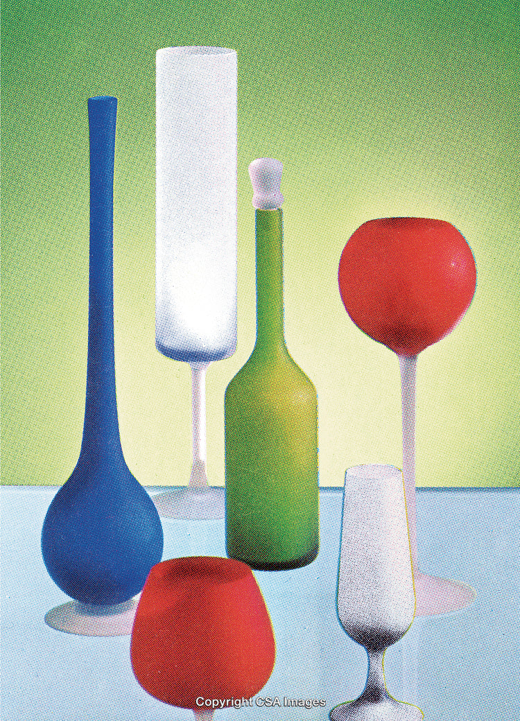 Colorful Glass Bottles and Vases Displayed on Vibrant Gradient Background