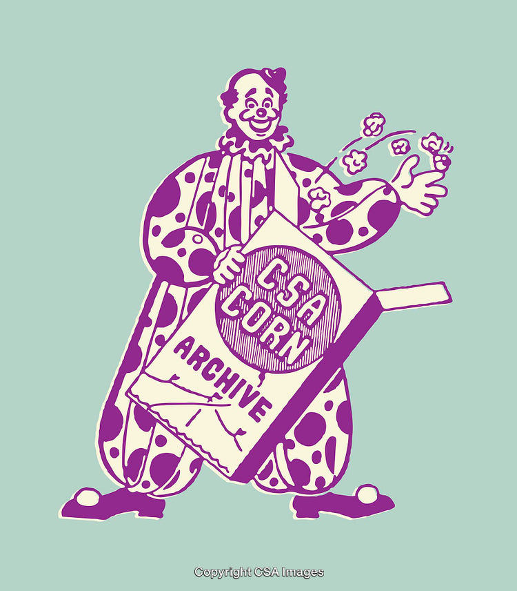 Vintage Clown Popcorn Illustration on Teal Background