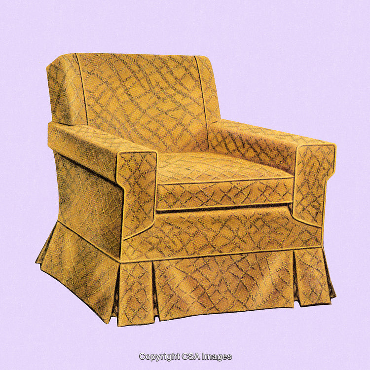 Elegant Yellow Armchair with Patterned Upholstery Against Pastel Background