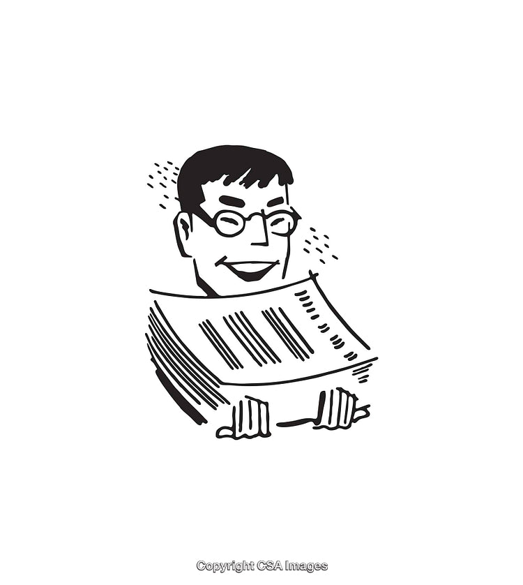 Black and White Illustration of a Smiling Man Reading a Newspaper