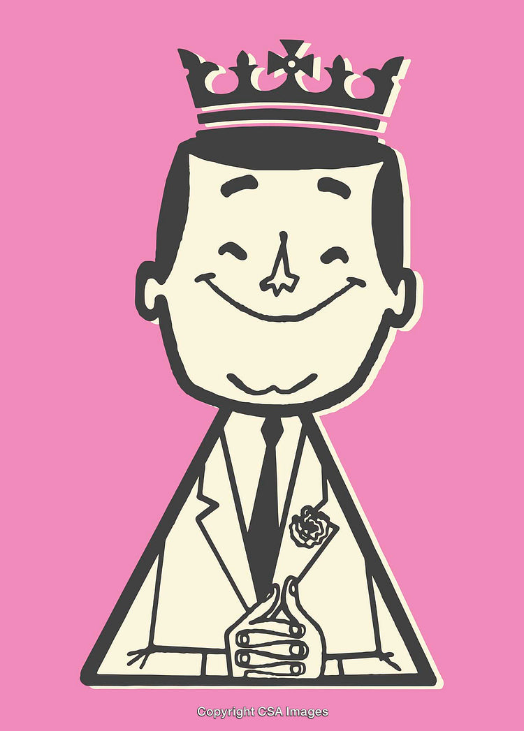 Retro Line Art Illustration of a Smiling Man with a Crown