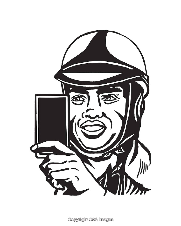 Black and White Art of a Smiling Man with a Helmet Using a Smartphone