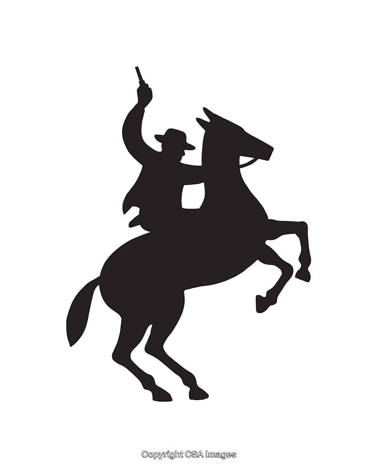 Silhouette of Western Cowboy on Rearing Horse Holding a Pistol