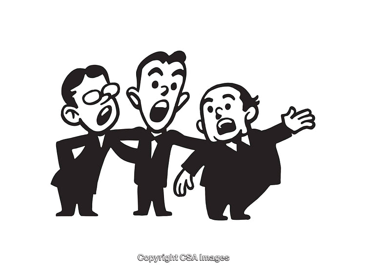 Three Animated Men in Black and White Expressing Strong Emotions