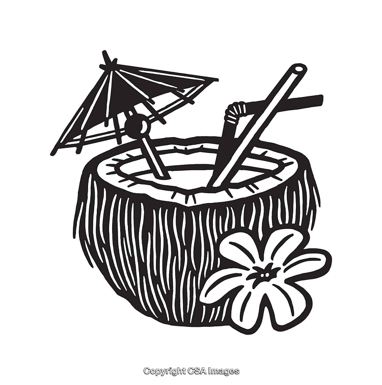 Black and White Outline of Tropical Coconut Drink with Flower and Umbrella