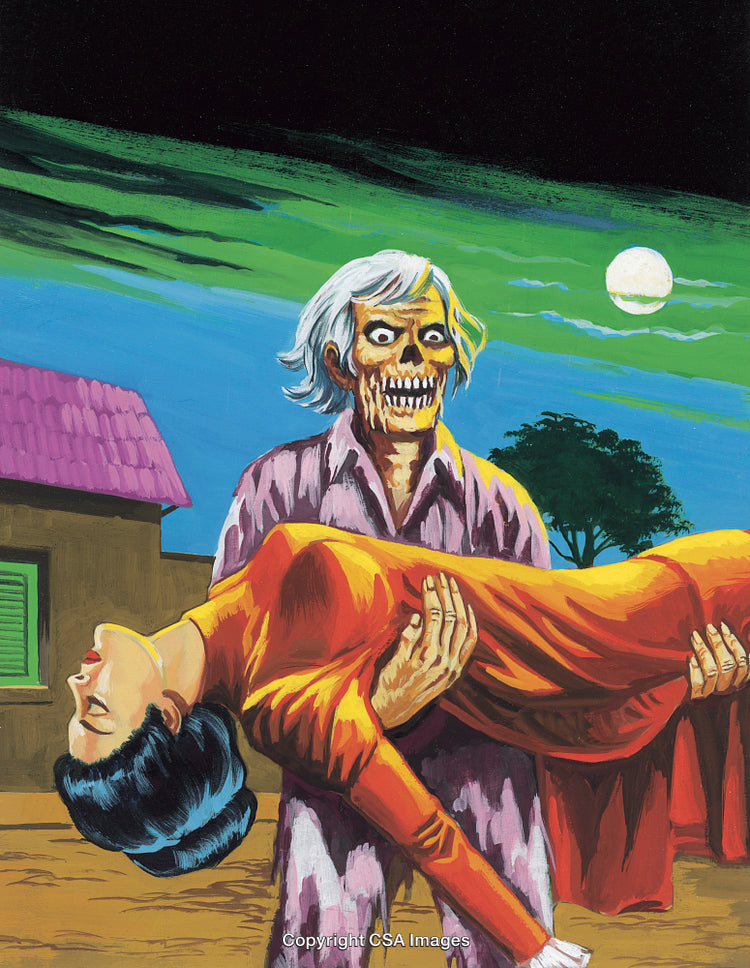 Eerie Illustration of a Skeleton Holding a Woman Under Moonlight