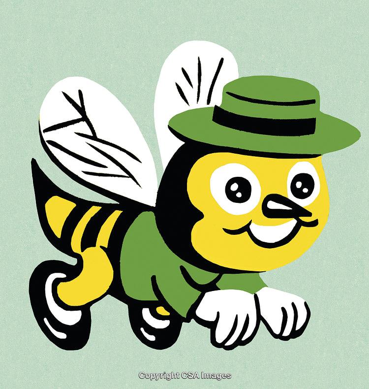 Illustration of a Cheerful Cartoon Bee Wearing a Green Hat and Shirt