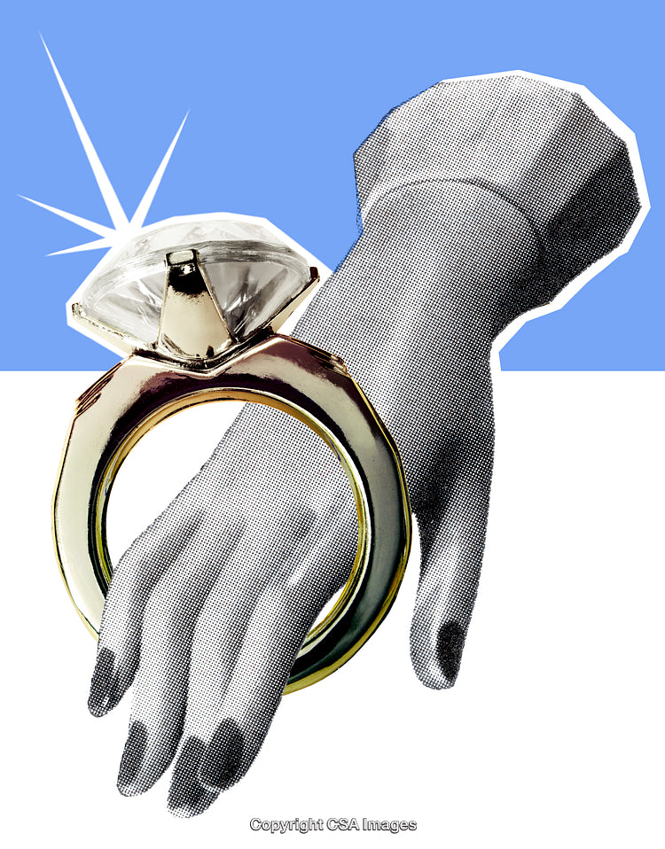 Surreal Illustration Featuring Oversized Diamond Ring and Mannequin Hand