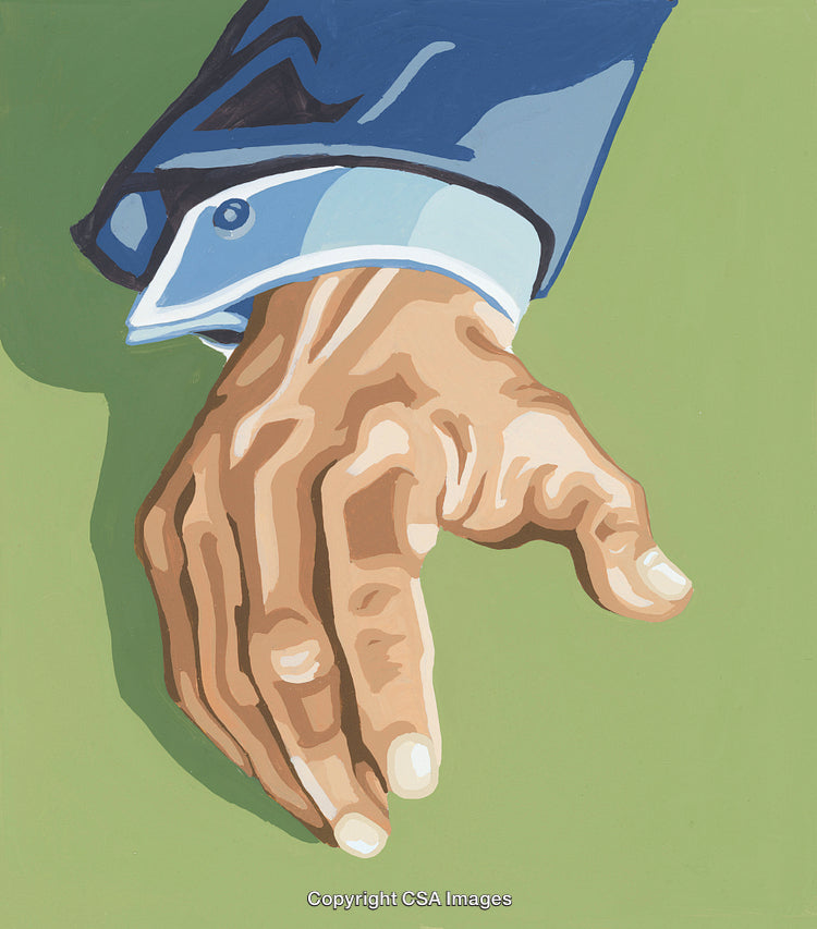 Detailed Illustration of a Hand in a Blue Shirt on Green Background