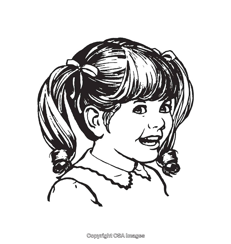 Black And White Line Art Illustration of a Smiling Young Girl