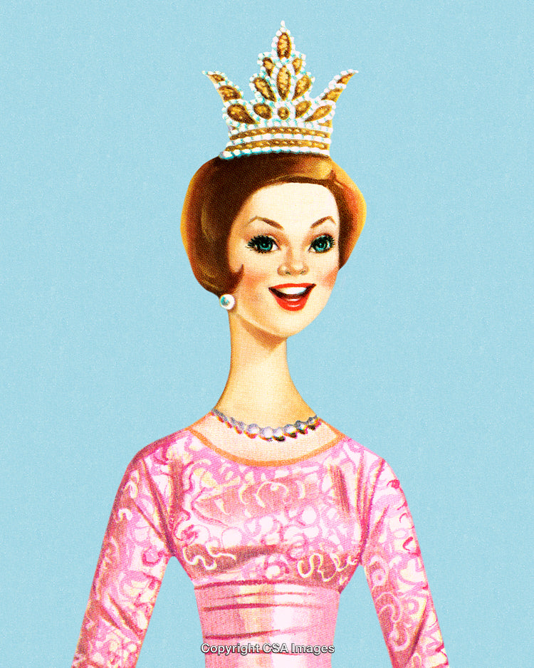 Elegant Illustration of a Queen in Pink Gown with Gold Crown
