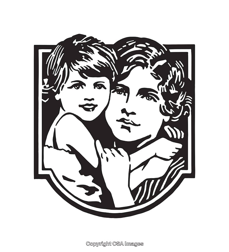 Black and White Line Art of Mother Embracing Child