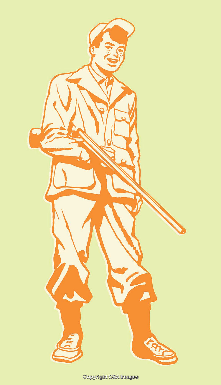 Vintage Line Art of Smiling Man Holding a Rifle Illustration