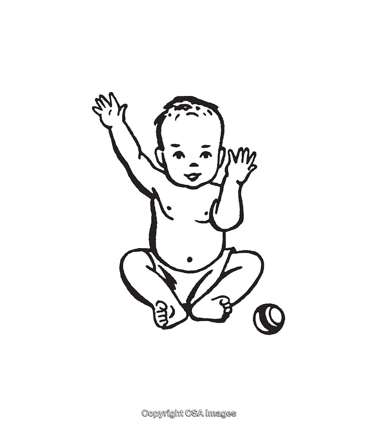 Black And White Line Art Illustration of Baby Playing With Ball