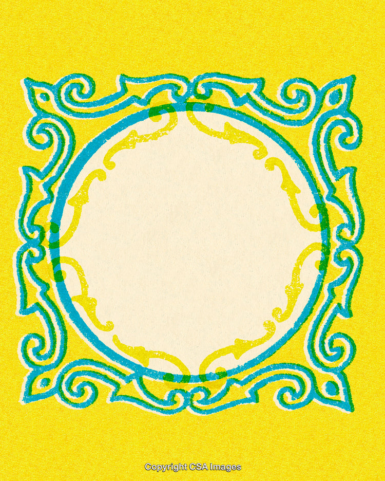 Vintage Ornamental Frame Illustration with Intricate Patterns on Yellow Background
